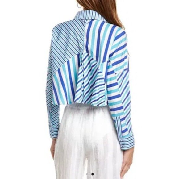 SOLID & STRIPED Emerson Blue Striped Poplin Cropped Button Down Shirt, Size S - Picture 2 of 13